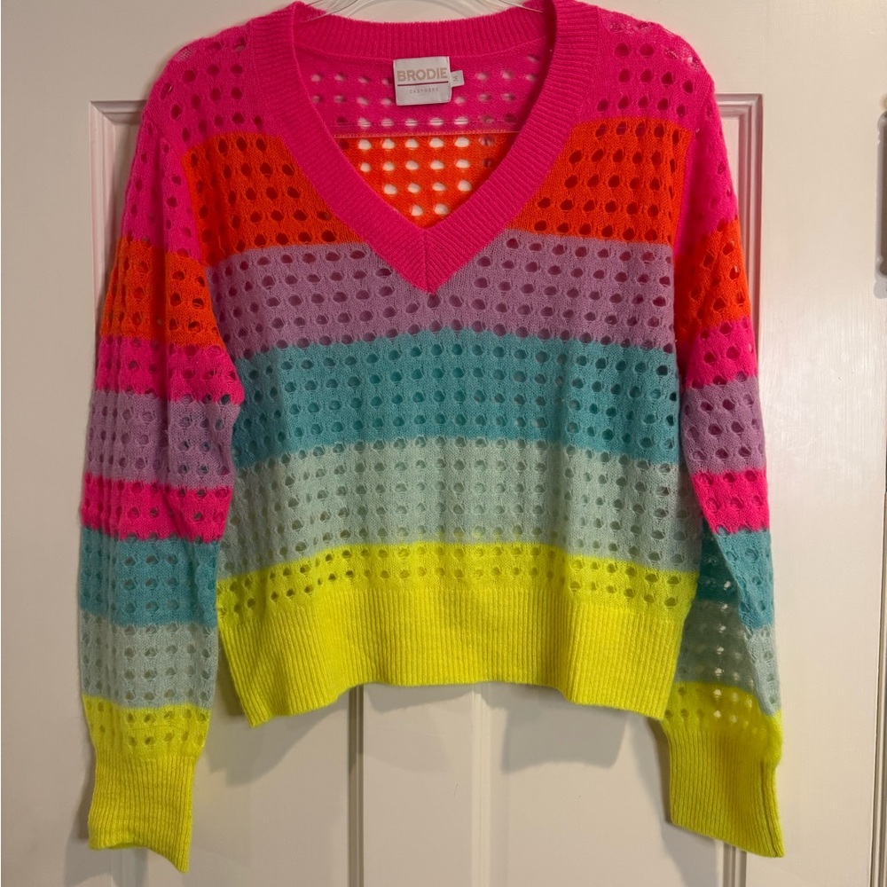 Brodie Cashmere Neon Pink, Orange, Lilac & Aqua Striped V-Neck Sweater